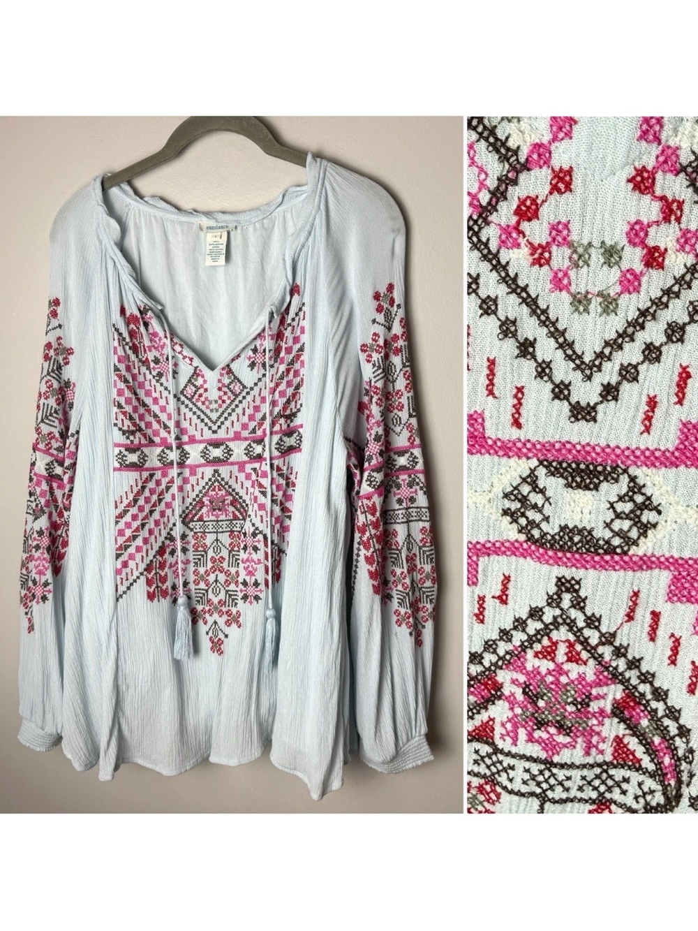 Sundance Blouse Size Large Top Tassel Ties Embroidered Long Sleeves Light Blue